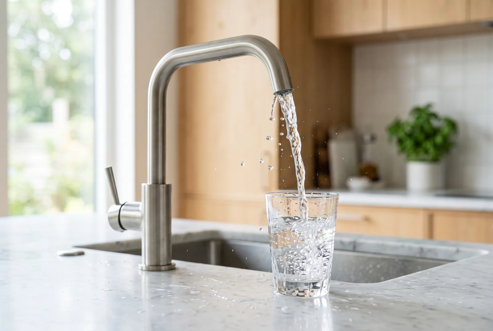 Tap water pouring from a modern kitchen faucet into a glass