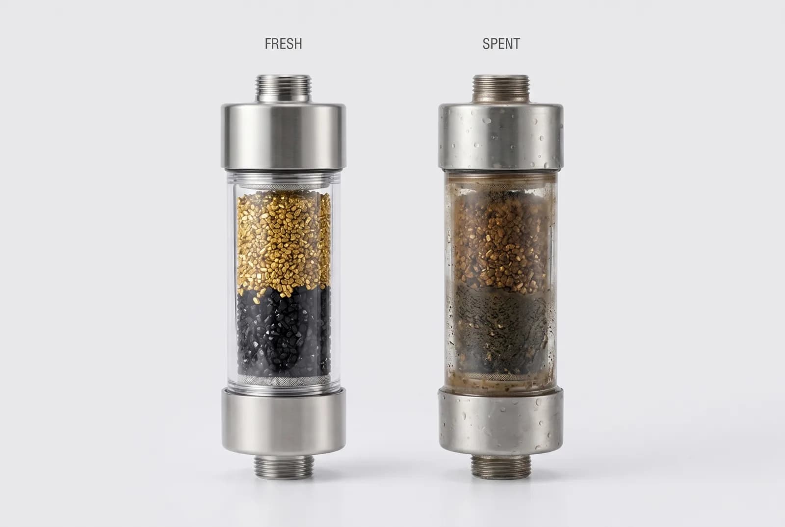A fresh Monolith XL filter cartridge beside a visibly spent, discolored one