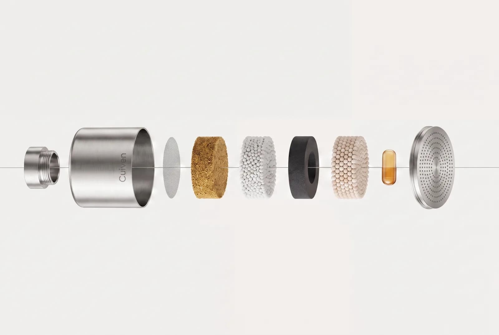 The full six-stage Monolith XL filtration stack, exploded and laid out end to end