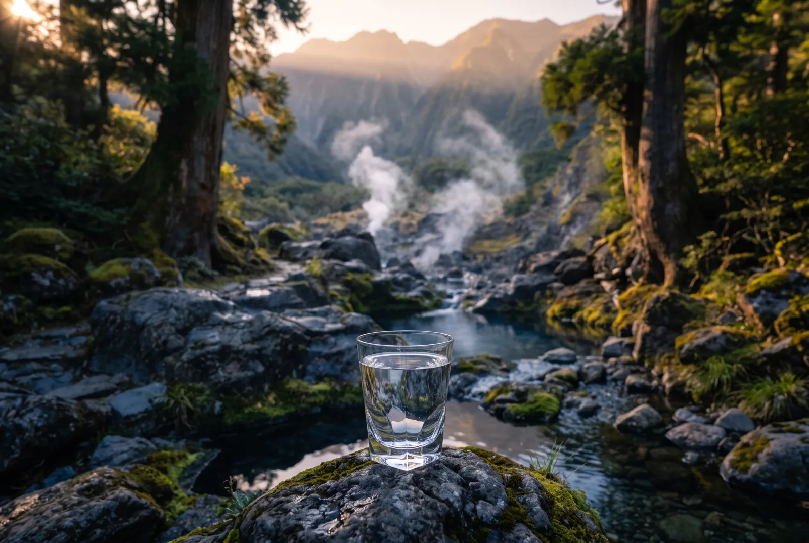 A glass of mineral water resting on basalt rock at a misty mountain spring