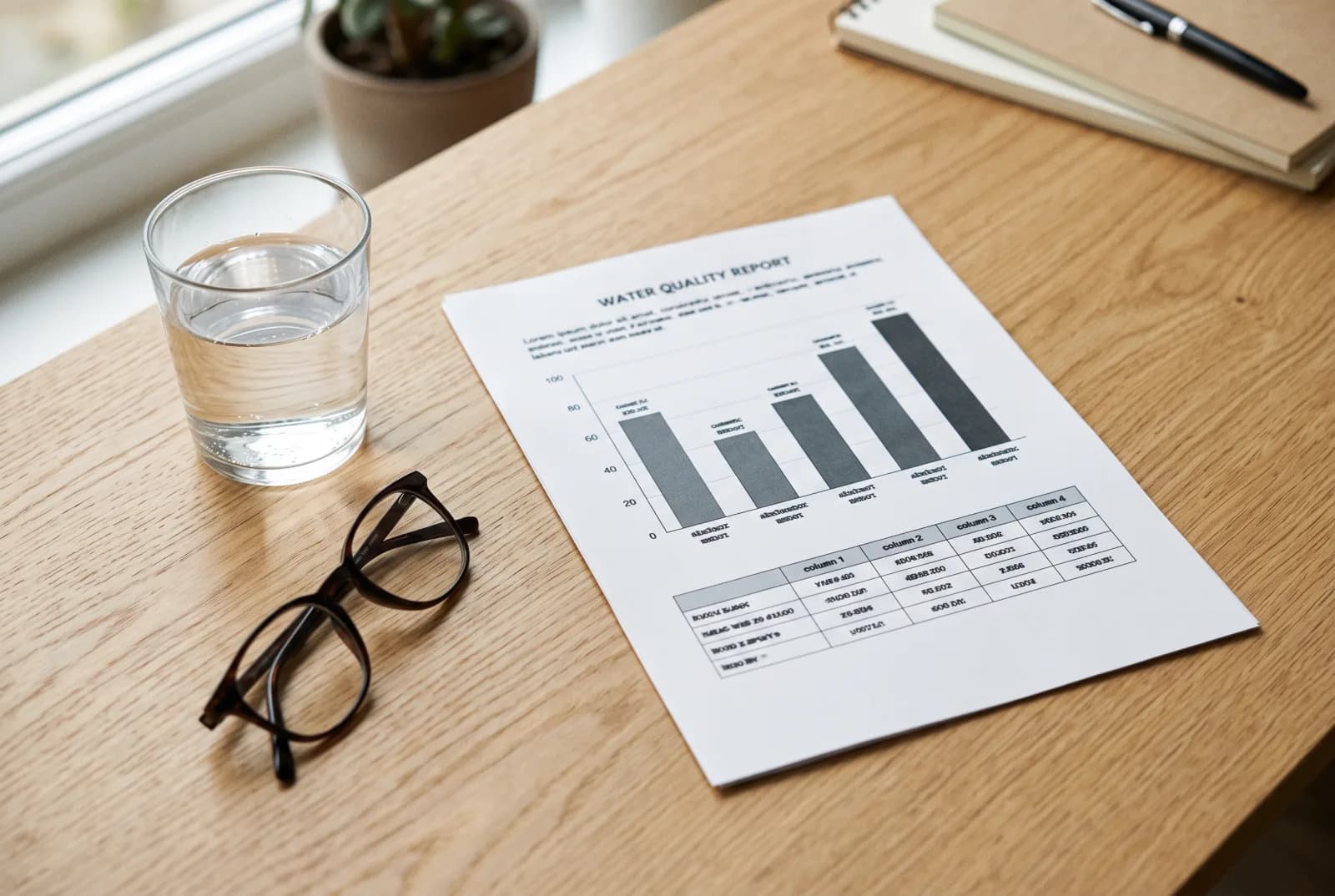 A printed water quality report with charts, beside a glass of water on a desk