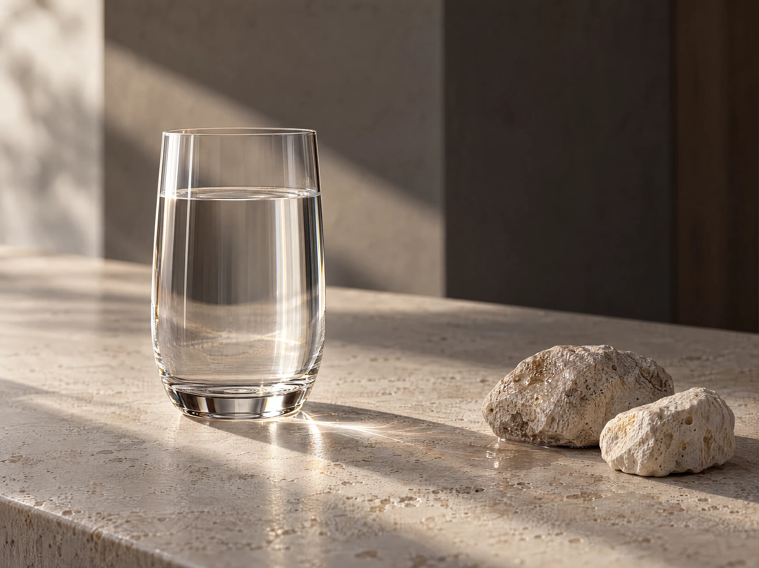 A clear glass of water with pale mineral stone in warm side light