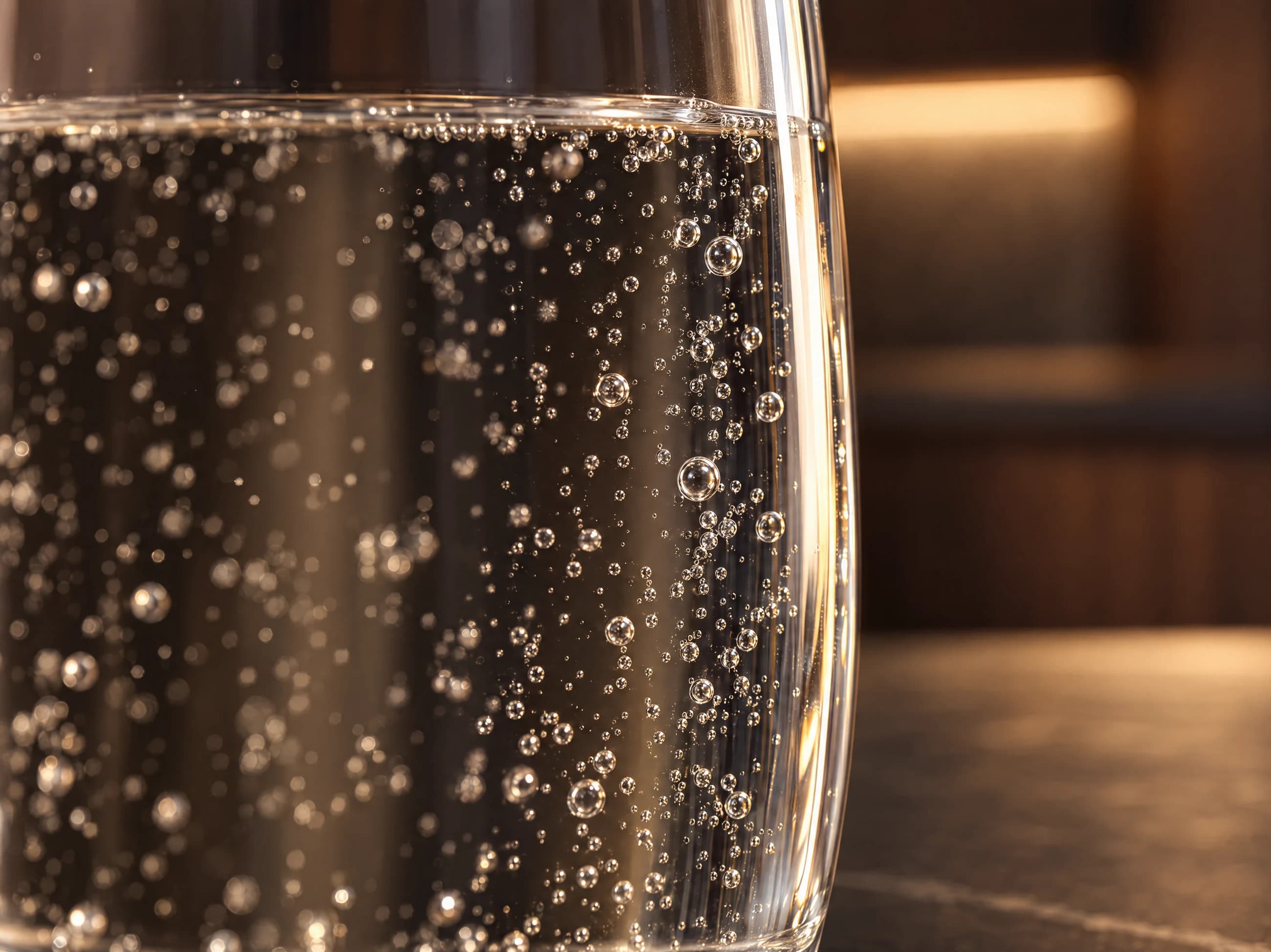Fine carbonation bubbles rising through clear water