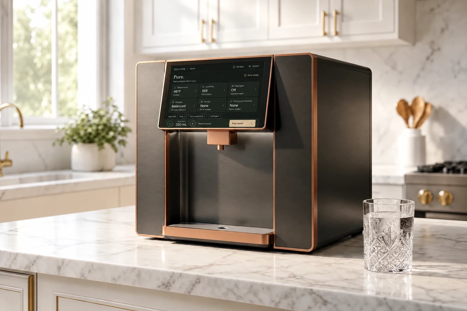 Atelier countertop dispenser with a broad angled screen, bronze trim and a single central outlet