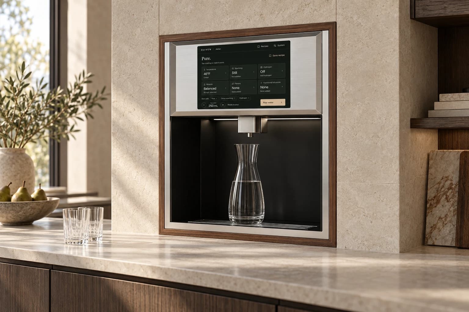Wood-trimmed Atelier Built-In flush in limestone, with a glass carafe beneath the outlet