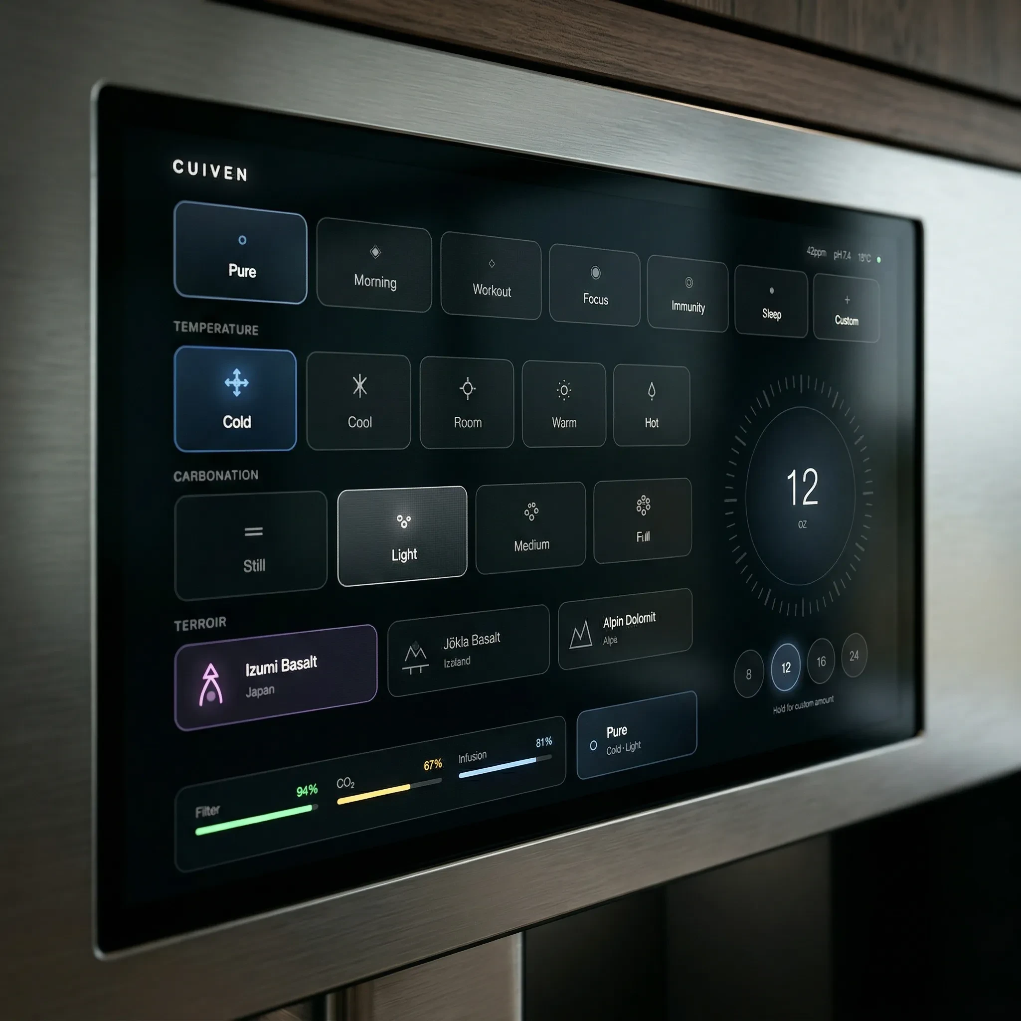 The Opus glass touchscreen, close detail