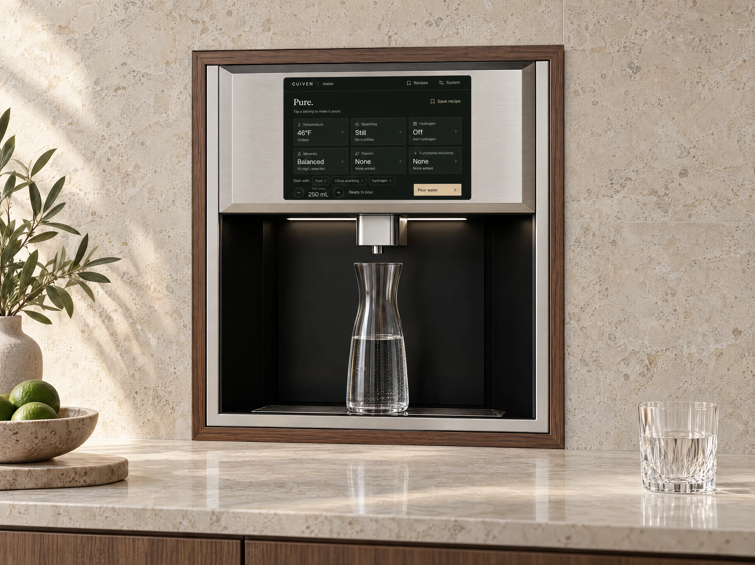 Atelier Built-In integrated flush into stone, with wood trim, an inset screen and a recessed dispensing bay