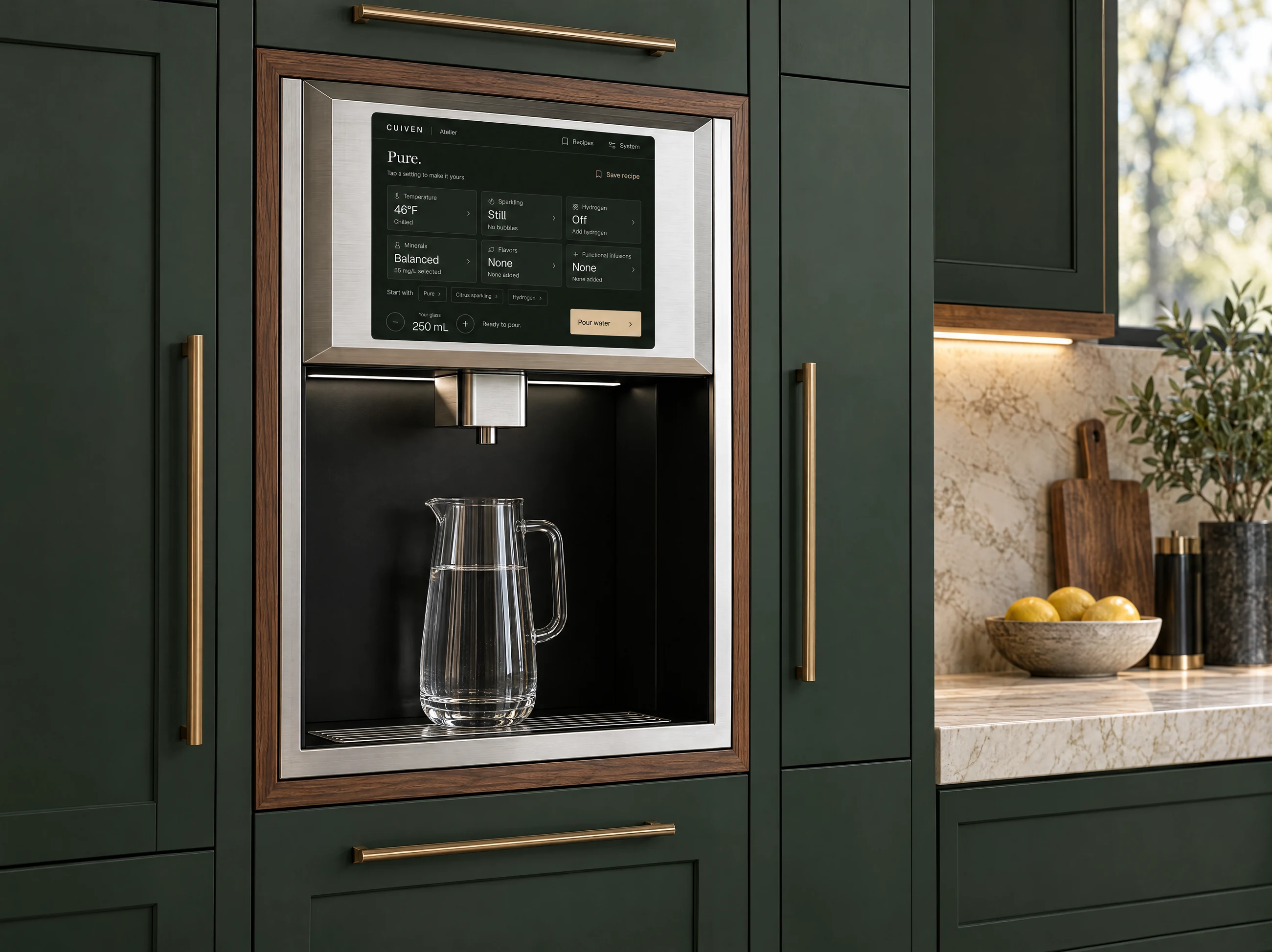 Atelier Built-In Signature integrated flush into green cabinetry, with wood trim, an inset screen and a recessed dispensing bay