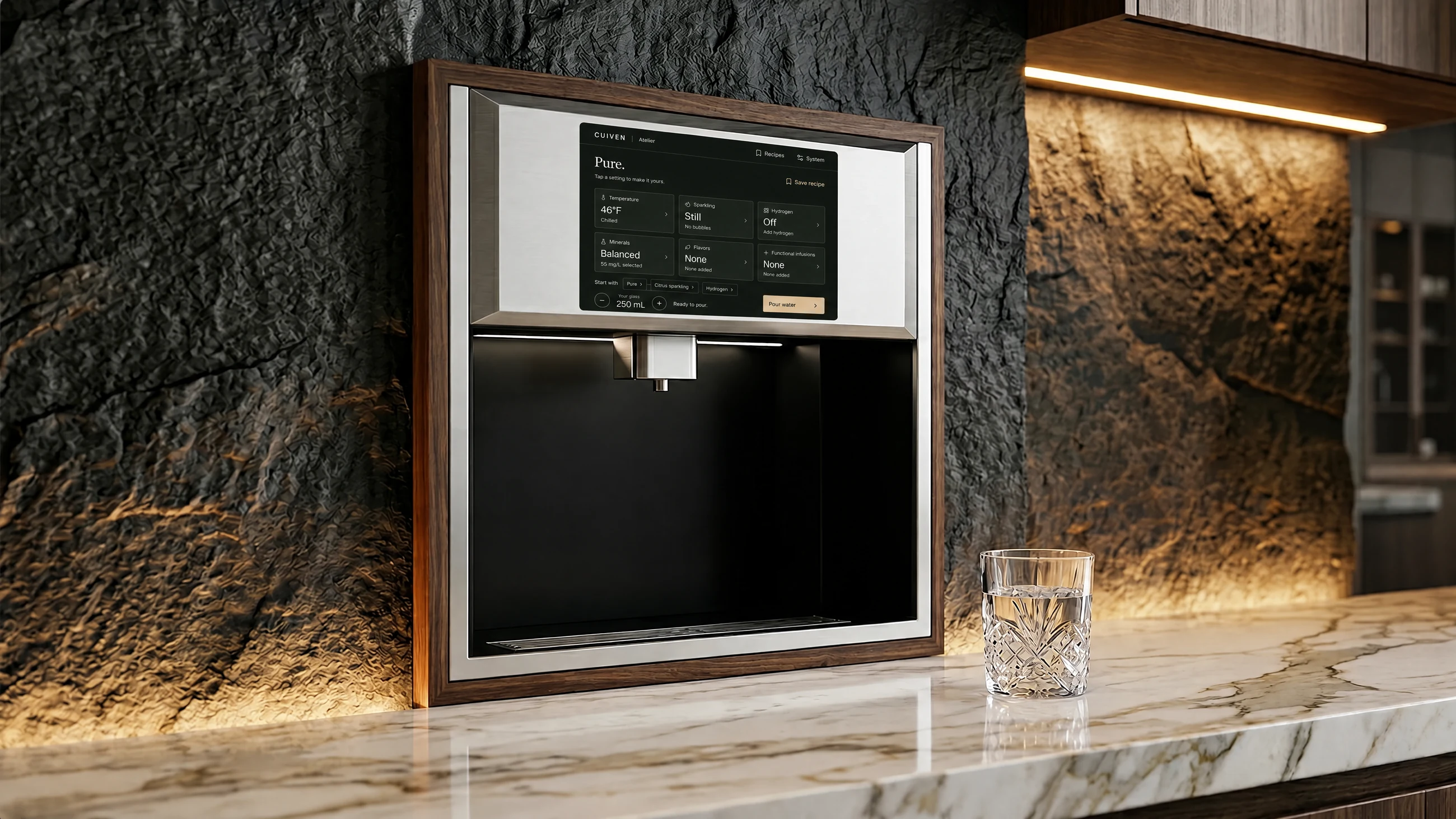 Atelier Built-In integrated flush into stone, with wood trim, an inset screen and a recessed dispensing bay
