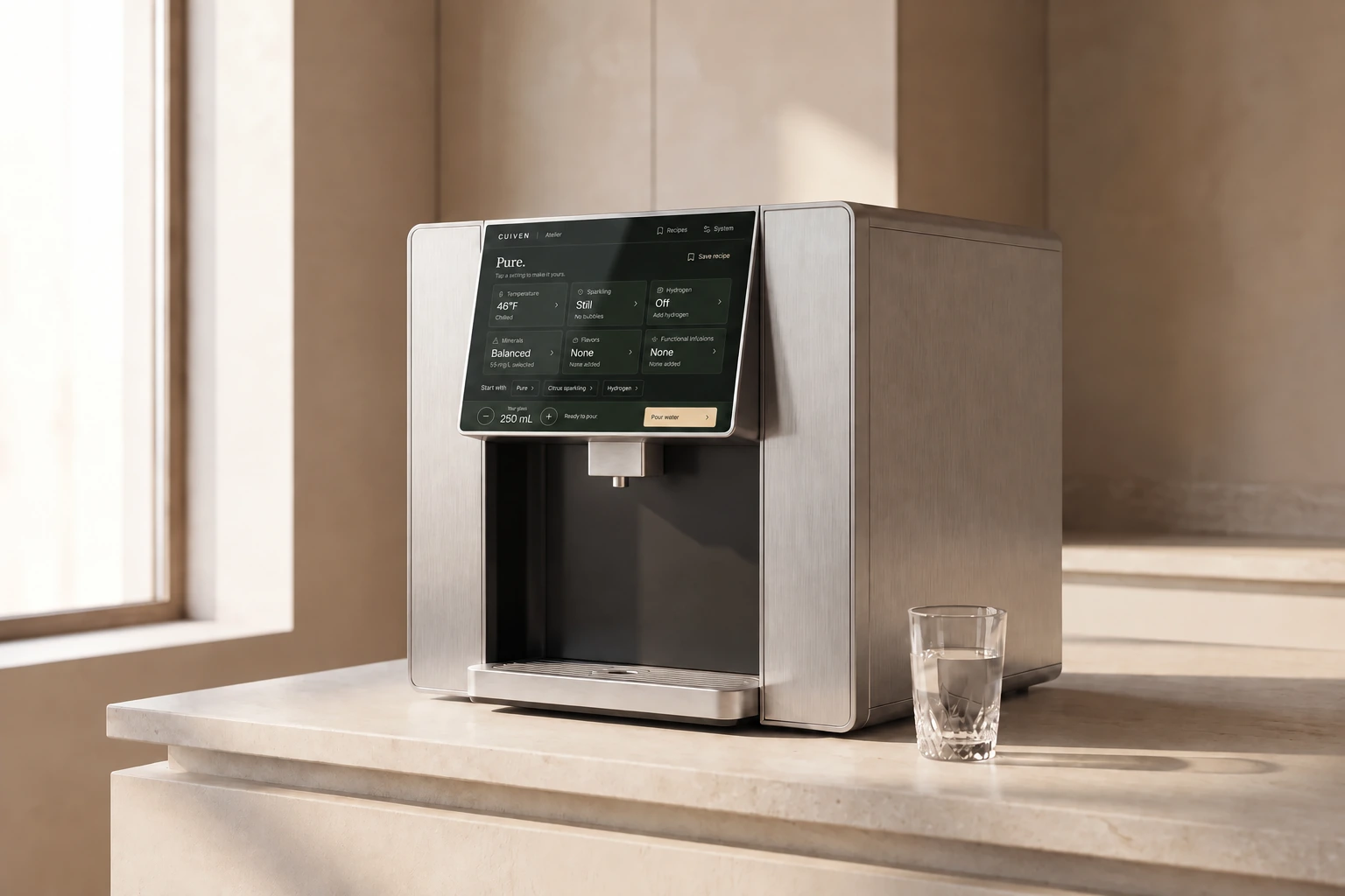 Atelier Countertop, with a black display, shaped metal trim and a dispenser outlet