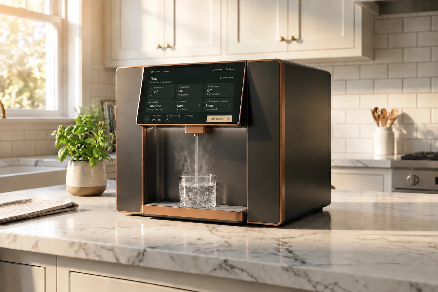 Atelier Countertop Signature, with a black display, shaped metal trim and a dispenser outlet