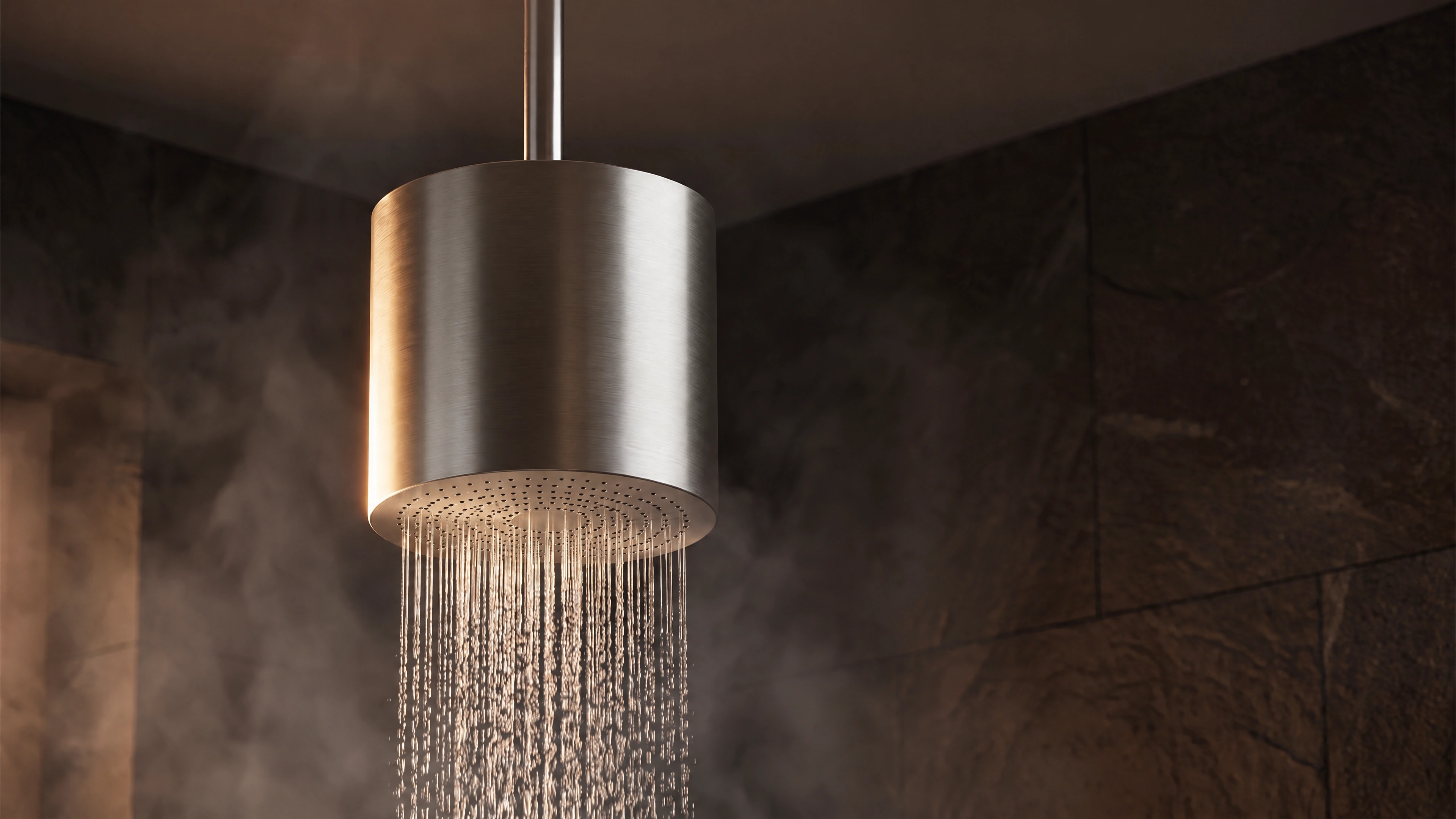 Monolith mounted from the ceiling, with a tall metal cylinder and integrated rainfall face