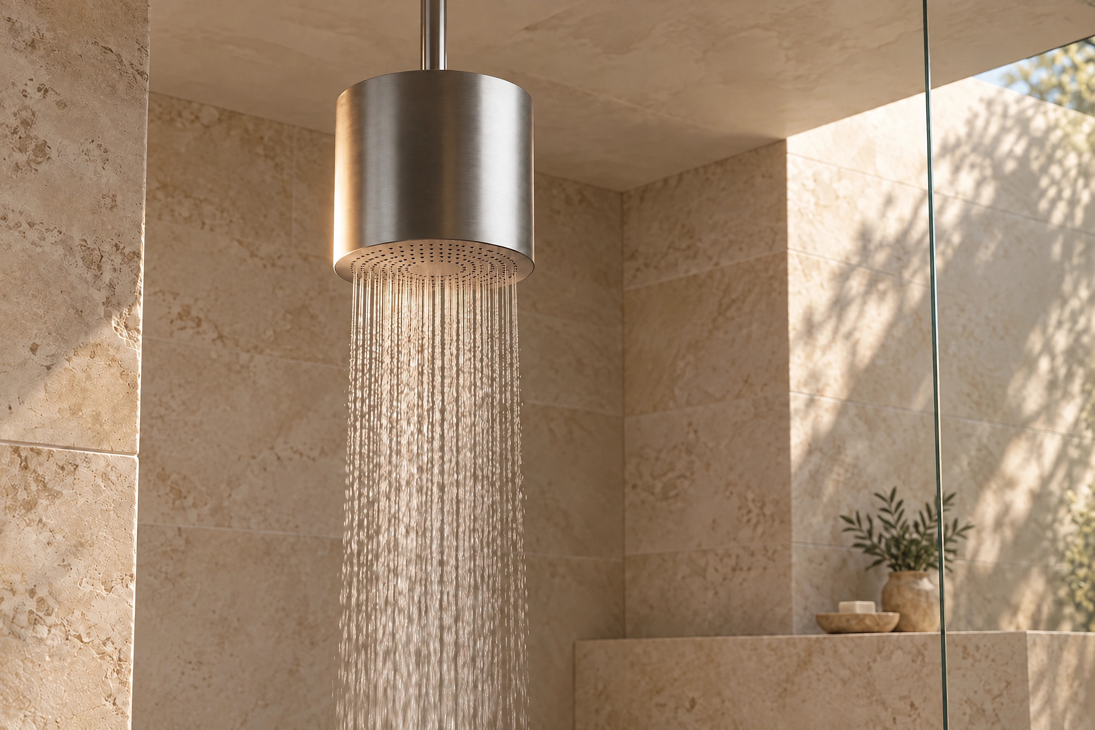 Brushed metal Monolith suspended from the ceiling of a limestone shower, with rainfall flowing beneath it