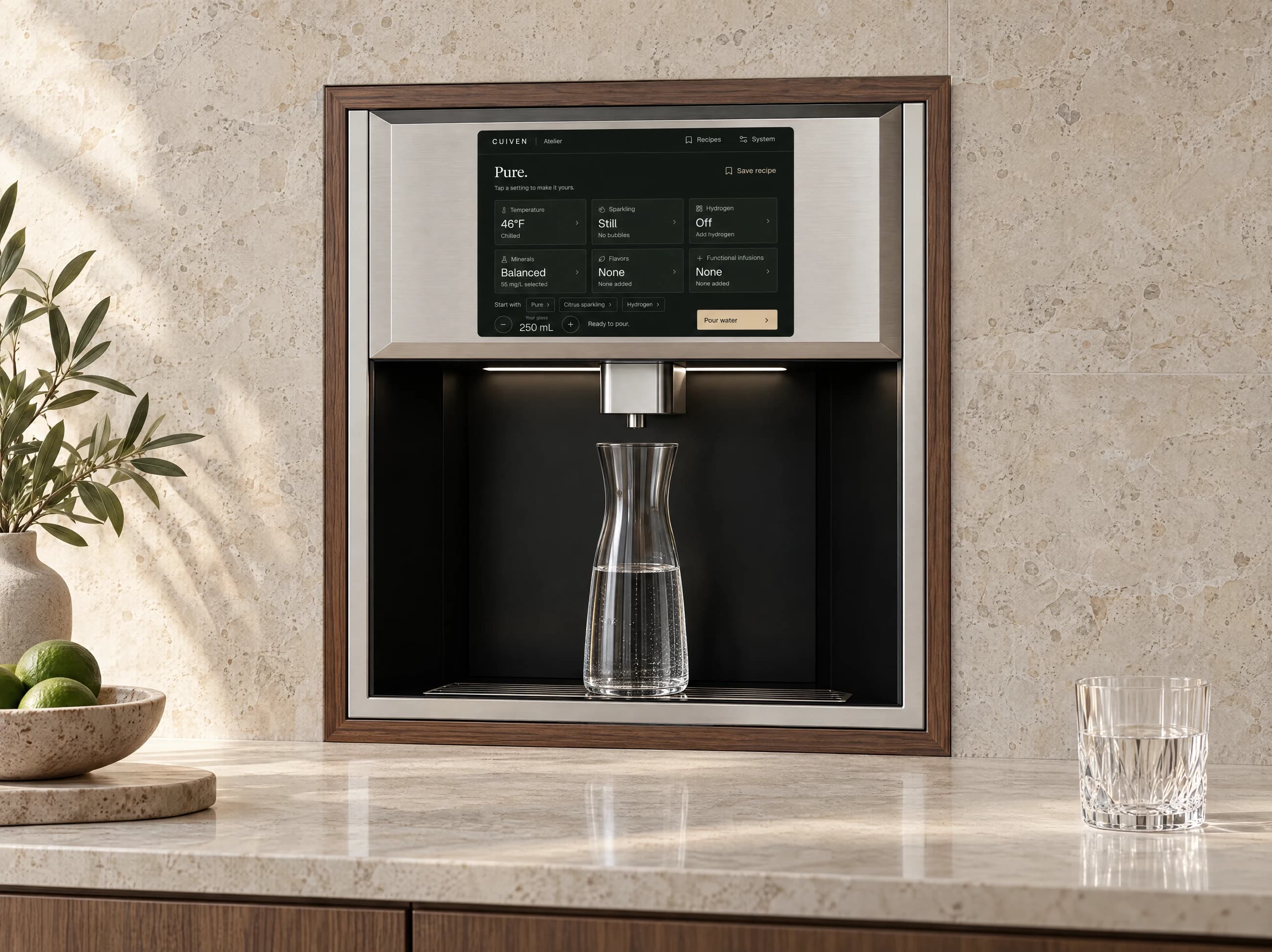 Atelier Built-In flush in limestone, with wood trim and a recessed dispensing bay