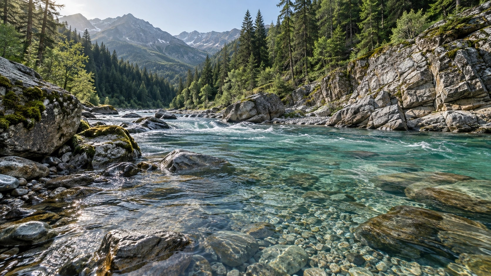 Clear water flowing over mineral stone through a forested mountain valley